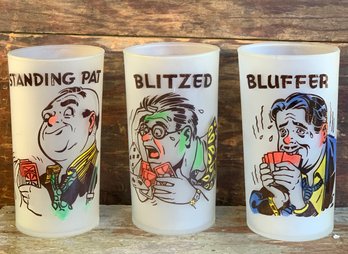 Vintage MCM Frosted Gay Fad Bar Caricature Poker Faces Glasses