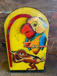 Antique Tin Litho Monkey And Parrot Mechanical Bank W/ Key