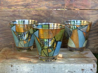 Vintage Ned Harris Stain Glass MCM Blue & Green Abstract Cocktail Glasses