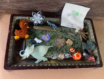 Wooden Trinket Tray Filed With Vintage Pins