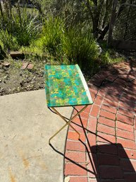 Vintage Decorative Green Metal TV Trays In Caddy