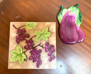 Vintage Ceramic Grape Clusters Trivet & Eggplant Spoon Rest
