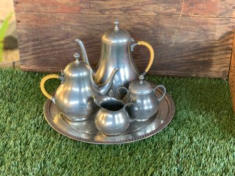Vintage Royal Holland Pewter Coffee/tea Set Eith Rattan Wrap Handle On Round Decorative Silver Plate Tray