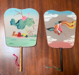 Vintage Asian Hand Painted Fabric Fans W/ Wood Handles