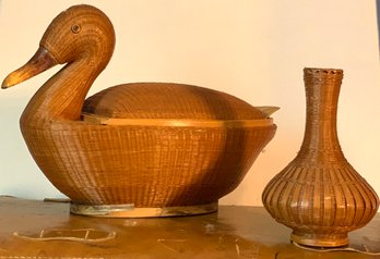 Vintage Wicker Duck Basket And Wicker Glass Vase