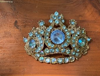 Vintage Crown Blue Jeweled Brooch