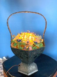 Beautiful Vintage Engraved Metal Glass Beaded Floral Basket Lamp