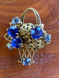 Vintage Blue Jeweled Basket Brooch