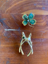 Vintage Jeweled Brooches-  Wishbone & 4-leaf Clover