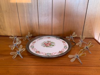Vintage Round Porcelain Floral Tray & Bee Metal Napkin Rings