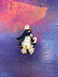 Vintage Kenneth Jay Lane Penguin Enameled Crystal Jeweled Pin