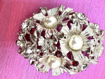 Vintage Rhinestone Jeweled Brooch With Faux Pearls