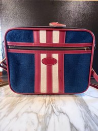 Vintage Red, White, Blue Striped Cloth Overnight Suitcase