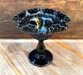 Vintage Black Thumbprint Pressed Glass Ruffled Pedestal Compote Dish
