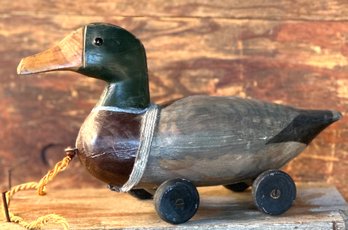 Antique Wooden Carved Painted Duck On Wheels Pull Toy
