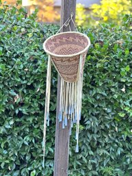Antique Apache Burden Basket With Hide And Tin Cone Additions