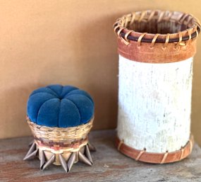 Native American Birch Bark Cup And Cushioned Basket
