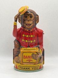 Vintage J. Chein Tin Litho Mechanical 'Thank You' Monkey Tipping Hat Bank
