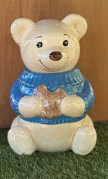 Vintage Teddy Bear Blue Sweater Ceramic Cookie Jar By Metlox 1