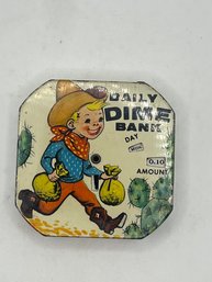 Vintage Tin Litho Little Cowboy Dime Registering Bank