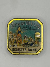 Vintage Tin Litho Snow White And The Seven Dwarfs Dime Bank W/ Black Letters