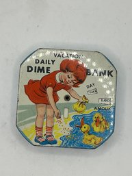 Vintage Tin Litho Vacation Daily Dime Coin Bank