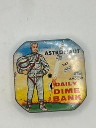 Vintage Tin Litho Astronaut Daily Dime Coin Bank