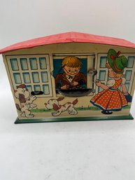 Vintage 1946-48 Tin Litho Girl With Dogs Mechanical Bank W/ Pop-out Tray