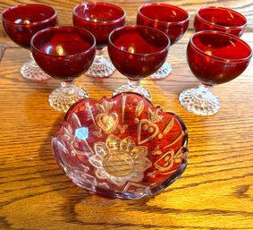 Vintage Ruby Red Anchor Hocking Bubble Foot Cordial Cocktail Glasses & Crystal Bowl