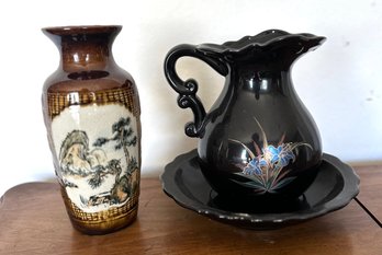 Vintage Ceramic Asian Vase & Vanity Pitcher Set
