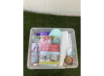 Bin Of Knitting Supplies And Book
