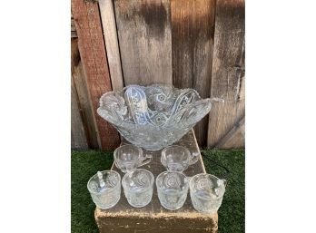 Vintage Crystal Punch Bowl W/ Glass Cups And Ladle