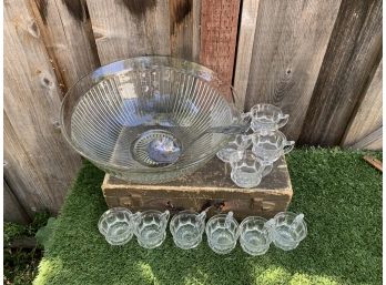 Vintage Ribbed  Glass Punch Bowl W/ Cups And Ladle