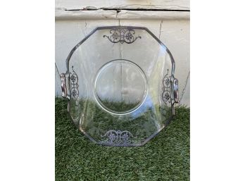 Vintage Crystal Glass Tray W/ Sterling Silver Etching