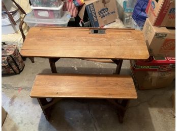 Antique Double Oak Wooden Long Schoolboy Desk With Bench
