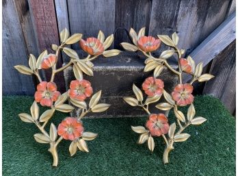 Vintage MCM Gold And Orange Floral Wall Art - 2 Pieces