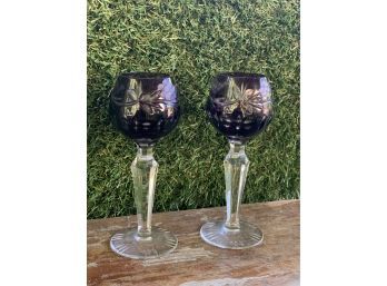 Vintage Art Deco Bohemian Czech Cut Crystal Purple Hock Wine Stem Glasses - S/2