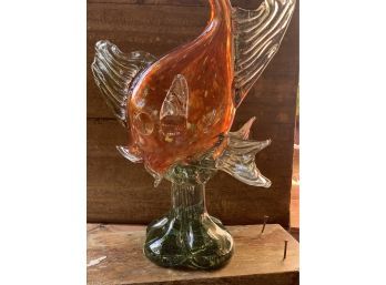 Beautiful Mid Century Murano XL Glass Fish Sculpture Orange W/ Green Glass Pedestal Base