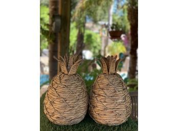 Pair Of  Woven Wicker Rattan Pineapples