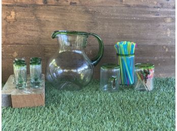 Mexican Hand Blown Glass Pitcher And Shot Glasses Set