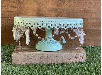 Metal Cake Pedestal Plate W/ Crystal And Beaded Decorations