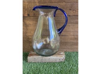 Oversized, Giant Hand Blown Mexican Glass Cobalt Trimmed Pitcher