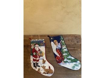 Vintage Needlepoint Christmas Stockings With Velvet Backing