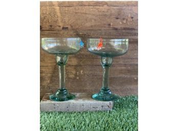 Two Giant Oversized Margarita Green Recycled Hand Blown Glassed
