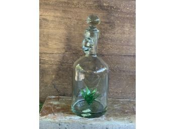 Green Glass Tequila Decanter With Glass Agave Plant Imbedded In Bottle