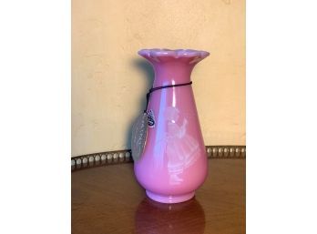 Vintage FENTON Glass Etched Ruffled Pink Vase