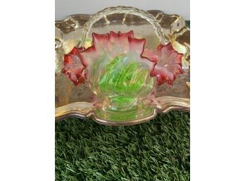 Vintage Art Glass Ruffled Rim Basket