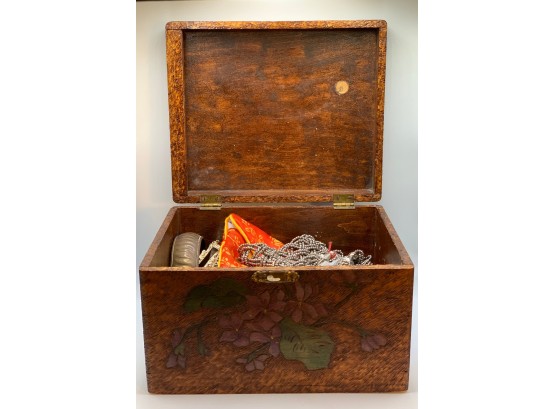 Vintage Jewelry In Antique Wooden Engraved Treasure Box