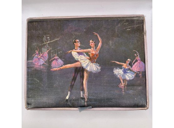 Vintage Ballerina Scene Printed Satin Cloth Jewelry Box Filled With Vintage Jewelry Collars