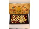 Antique Wooden Handpainted  Trinket Box Filled With Beaded Vintage Necklaces